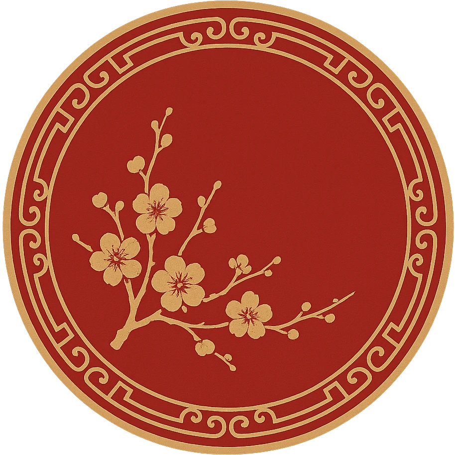 eastern style plaque for post signature, only red and sand colors, with round shape, sakura branch and subtle gold ornament, no text, 512x256px emoji
