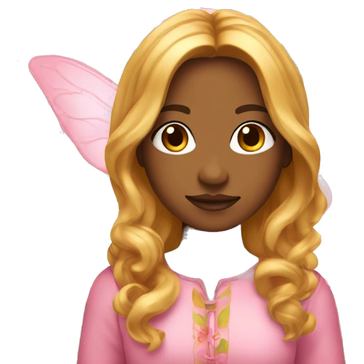 Fairy woman emoji with long wavy copper hair and blonde highlights, also with curtain bangs, brown/honey eyes, with a pink outfit inspired in flower leaves emoji