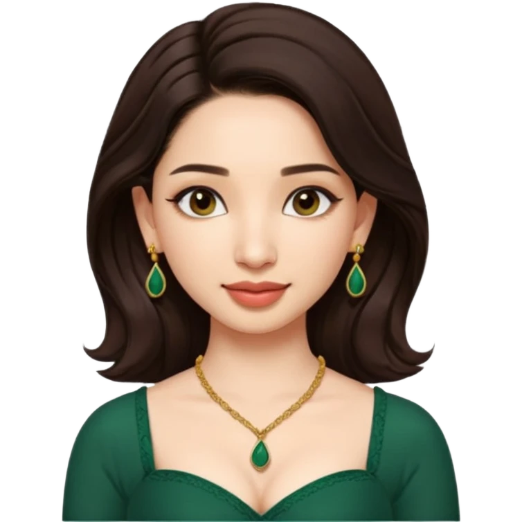 pretty bratz genmoji that looks like tamannah bhatia (bollywood actress), wearing a dark green sweetheart neckline top, dark brown hair, light makeup, no necklace, dangly earrings, side hair part emoji