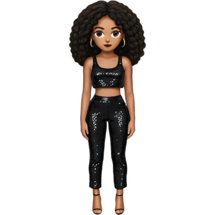 Solange with long dark brown hair, black sequin crop top, black sequin pants emoji