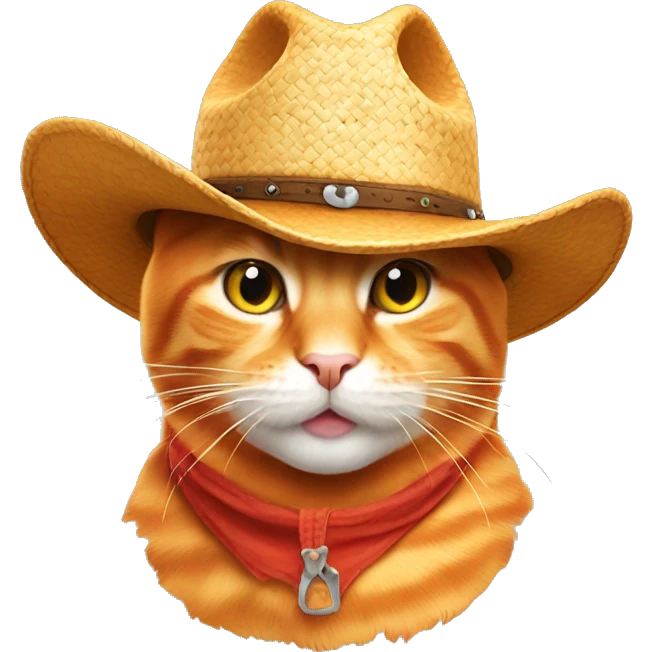 Orange cat wearing a cowboy hat with straw in his mouth  emoji