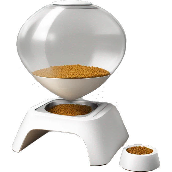 A modern, white manual pet feeder with wooden legs, a metal bowl at the bottom, a transparent front window, and a top lever for dispensing food. emoji