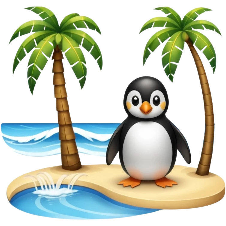 a penguin sitting by a palm tree and pool at the seaside with waves emoji