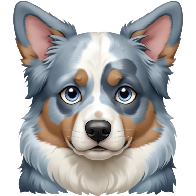 Cinematic Meme-Worthy Grumpy Blue Merle and White Australian Shepherd Portrait Emoji, Head held high but eyes filled with dramatic disappointment, smooth blue merle fur with stark white patches, deeply furrowed brow forming an unmistakable scowl, floppy ears slightly angled back in disapproval, piercing blue eyes glaring with pure exasperation, Simplified yet hilariously over-exaggerated features, highly detailed, glowing with an aura of supreme annoyance, high shine, exhausted yet judgmental, stylized with an almost regal pettiness, bright but brooding, soft glowing outline, capturing the essence of a pup that has seen it all and is thoroughly unimpressed, so meme-worthy it feels like it could instantly become the next viral sensation of grumpiness! emoji