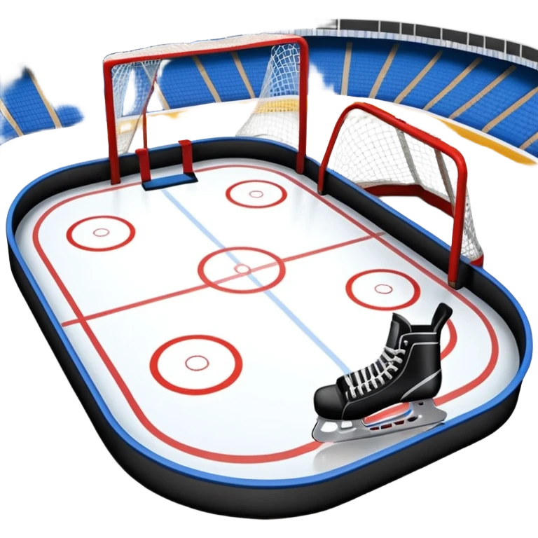 An icon showing a hockey stick, puck, skates, and goalposts on the ice. The background features a large hockey stadium with cheering fans, bright lights, and a snowy landscape visible through the arena. emoji