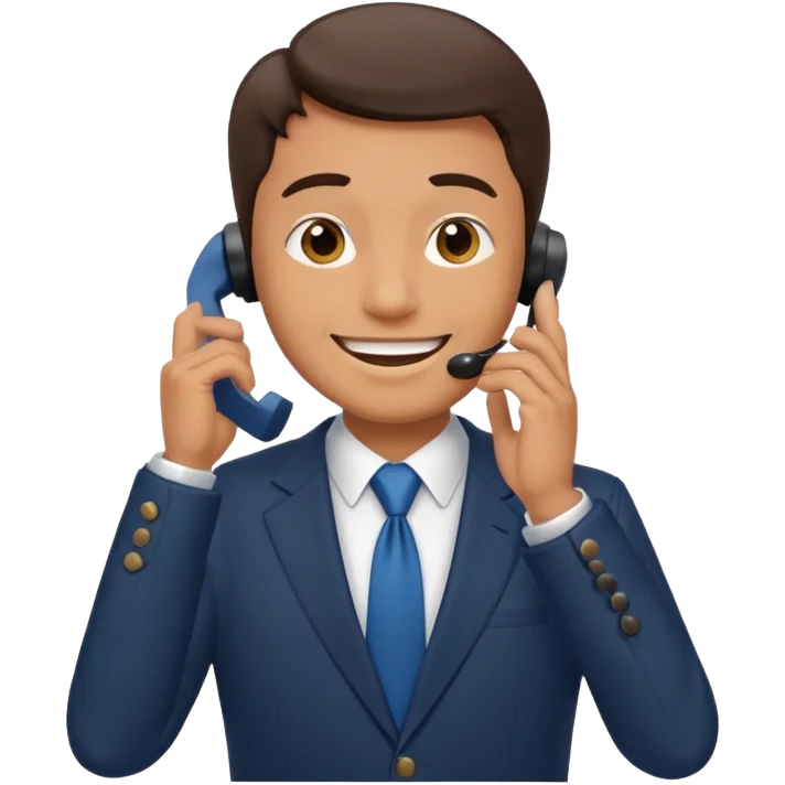 A man on the phone about to make a complaint but happy emoji