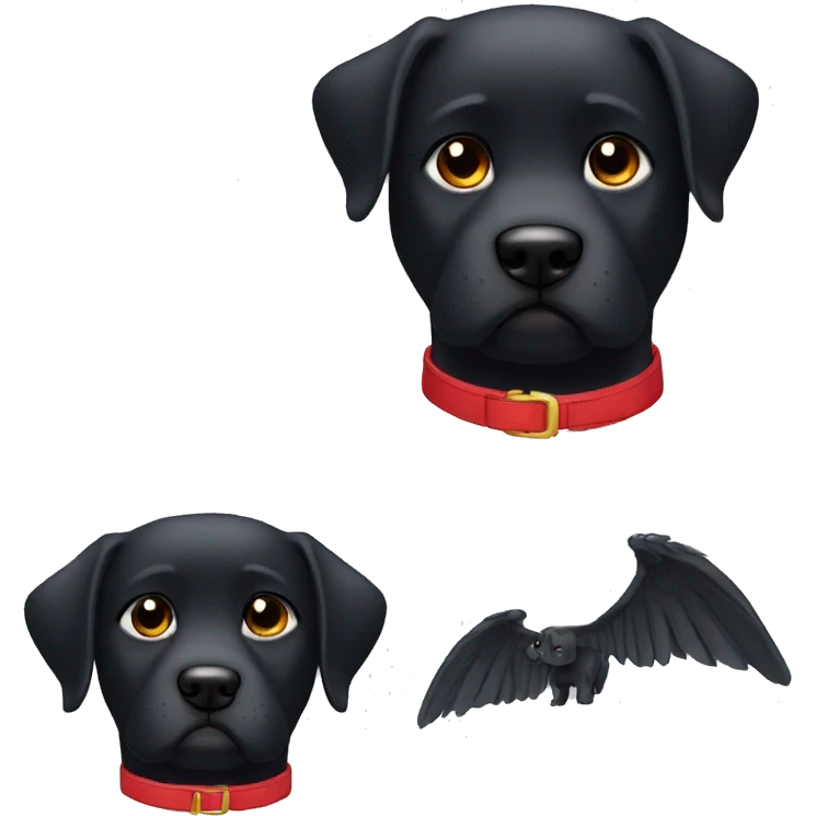 black dog, big jowls, sad puppy eyes, wings, winged dog, angel wings,red collar emoji