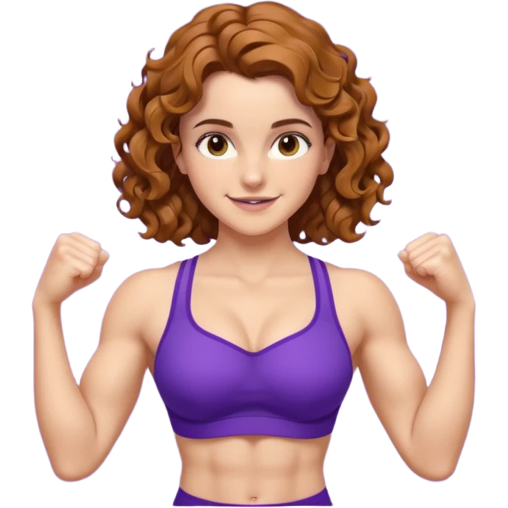 big biceps, muscled torso, very beautiful italian happy girl, looking like Emma Watson, with wavy curly bright hazelnut hair, dressed in violet bra sports outfit, very muscled emoji