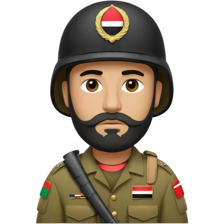 A very tired and sad, swarthy Iraqi soldier with a beard, an Iraqi flag on his helmet, a sad expression and bags under his eyes emoji