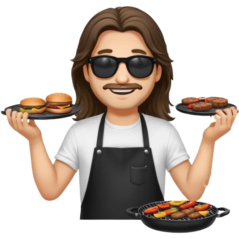 long hair man grilling wearing shade smiling in a white tshirt and a black apron grilling burger and meat on a sizzling grill emoji