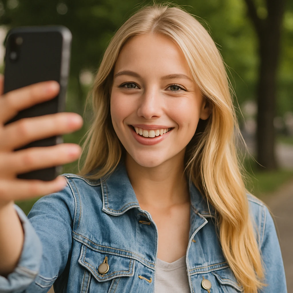 blonde girl taking a selfie emoji