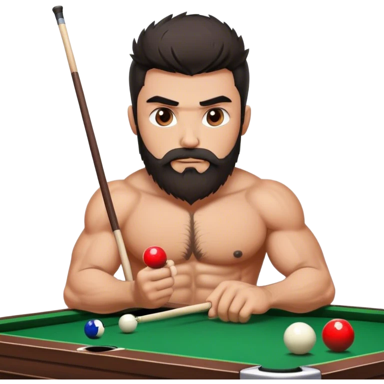 Dark haired bearded hairy chest muscle man playing snooker emoji