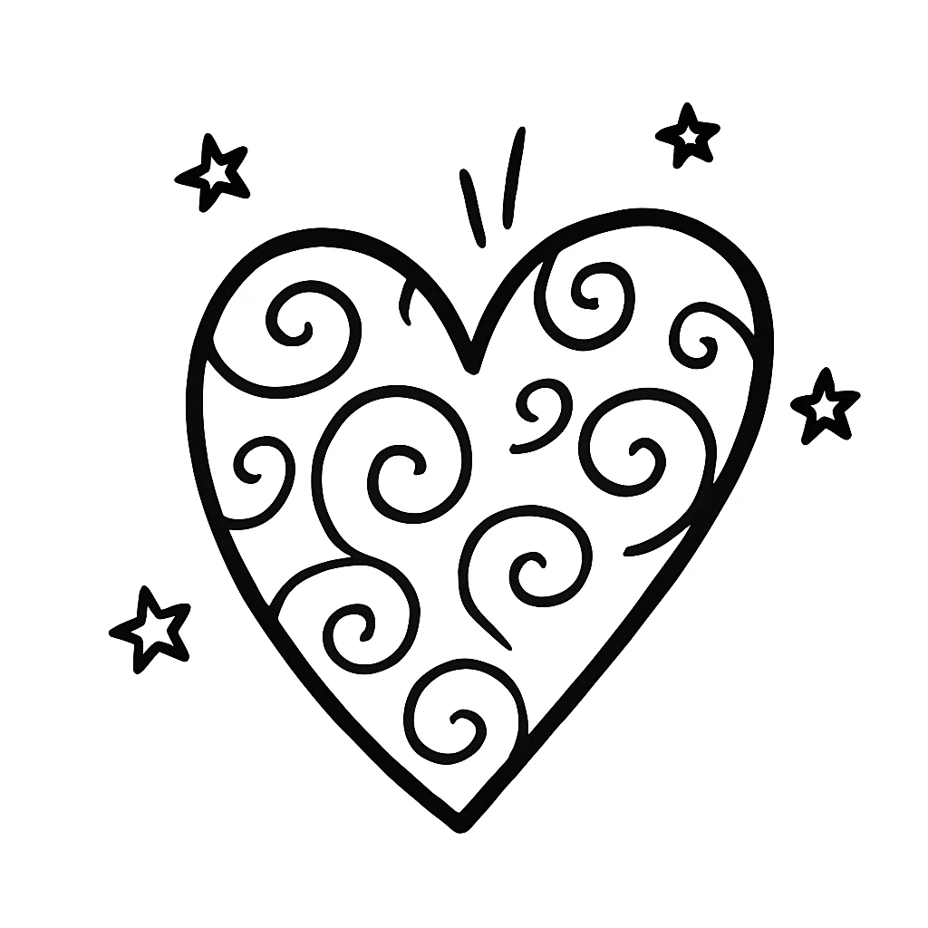 Remove the cat from the image, keep only the heart with stars and swirls in a hand-drawn doodle style. The style should resemble notion style hand drawn doodles with playful stars and swirling decorative accents. emoji