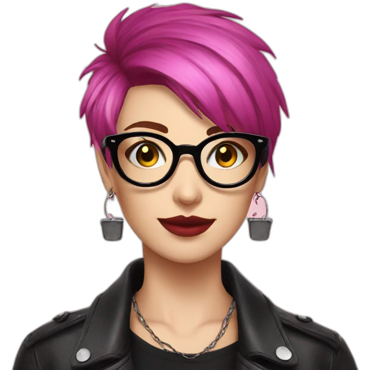 Punk female earrings , glasses,read and black short hair, emoji