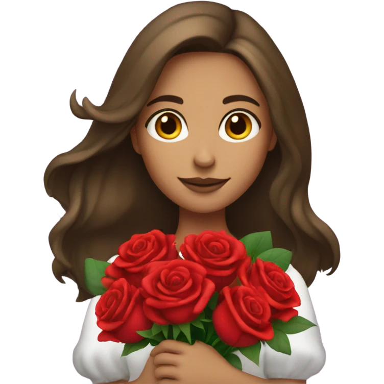 girl with beautiful long hair brunette in her hands a huge bouquet of red roses emoji