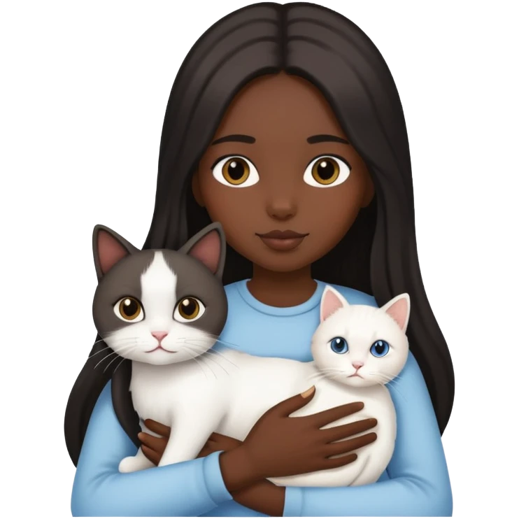 A black straight long-haired girl is holding a white cat emoji