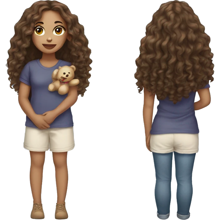 Lightskin girl with long wavy hair holding a teddy bear emoji