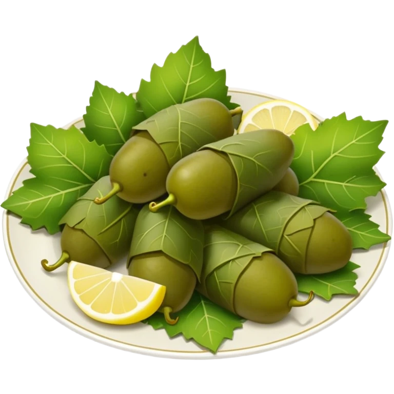 plate with several Turkish grape leaf dolmas, lemon wedge on the side emoji