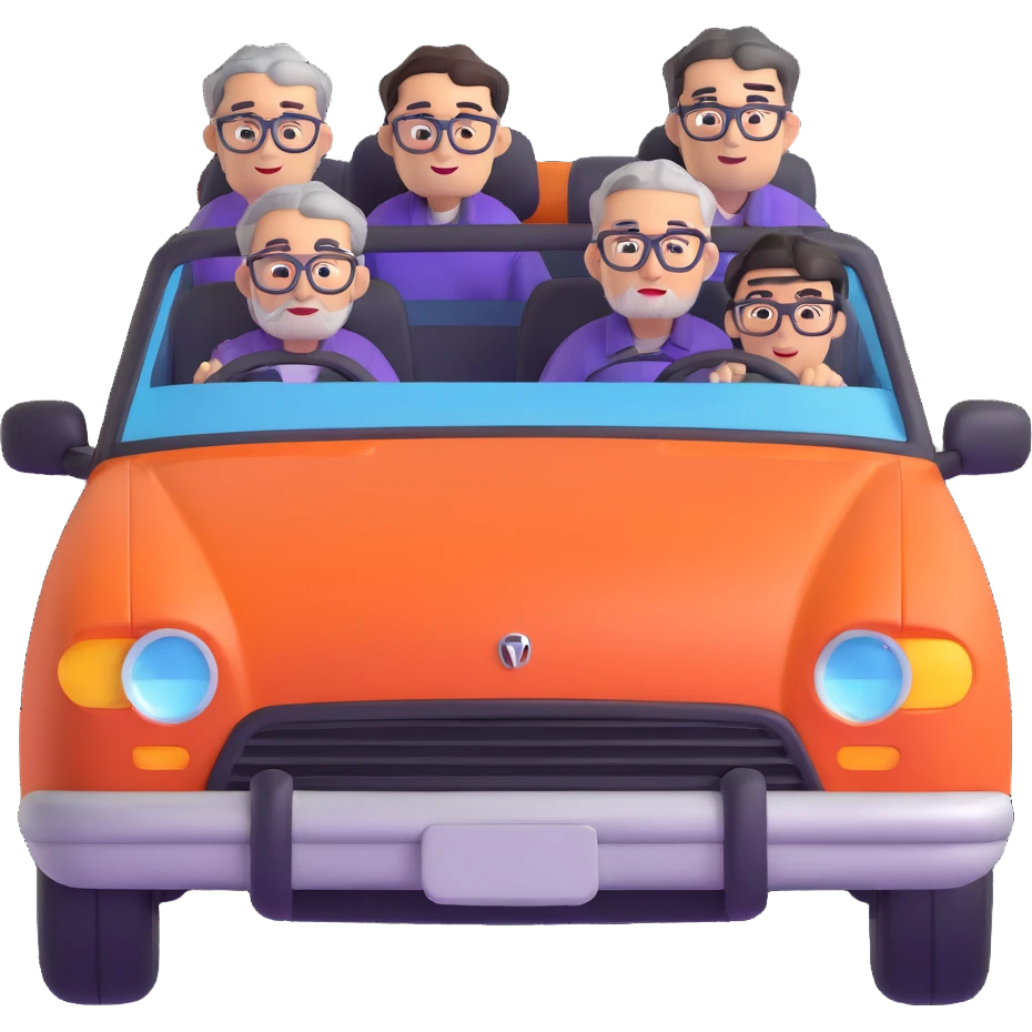 orange car front view with three people inside: driver man with purple shirt, stubble, round face; front seat man with gray hair, glasses, checkered shirt, round face; back seat man with black hair, glasses, black t-shirt, sharp face emoji