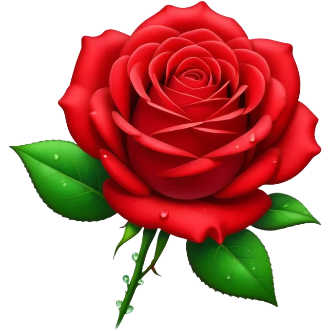 Cinematic Realistic Rose Emoji, Elegant and full of grace, with velvety, deep red petals unfurling in a perfect bloom, dew drops glistening on the soft edges, and a faint fragrance hanging in the air. The lush green leaves surround the stem, creating a vibrant contrast to the rich color of the petals. Soft glowing outline, capturing the essence of timeless beauty and romance in a single bloom. emoji