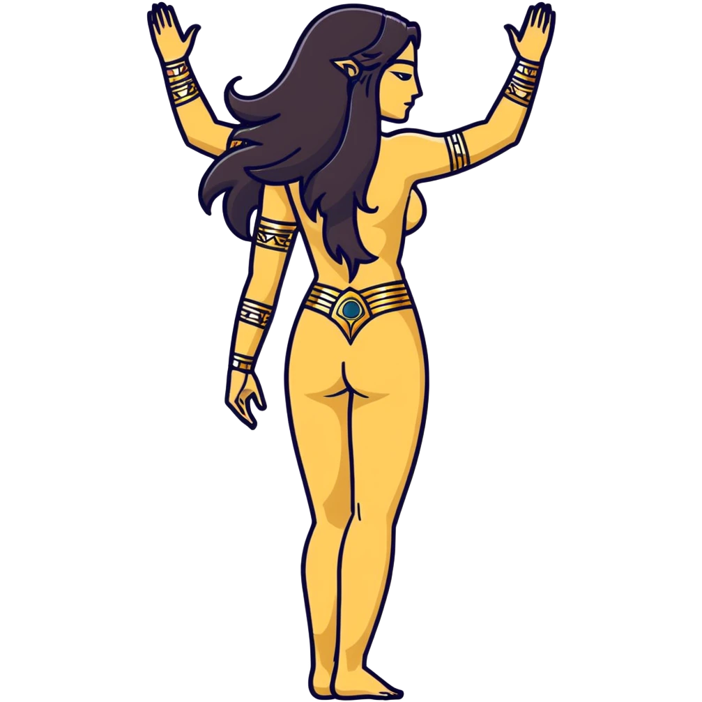fullbody back view of Anunnaki goddess Inanna with long flowing black hair, Mesopotamian star symbols, exposed naked back, simple gold cuffs on wrists and feet, arms relaxed downward, rich dark brown skin emoji