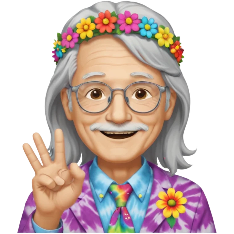 elderly man with long grey hair, glasses, peace sign necklace, tie-dye clothing, flower crown emoji