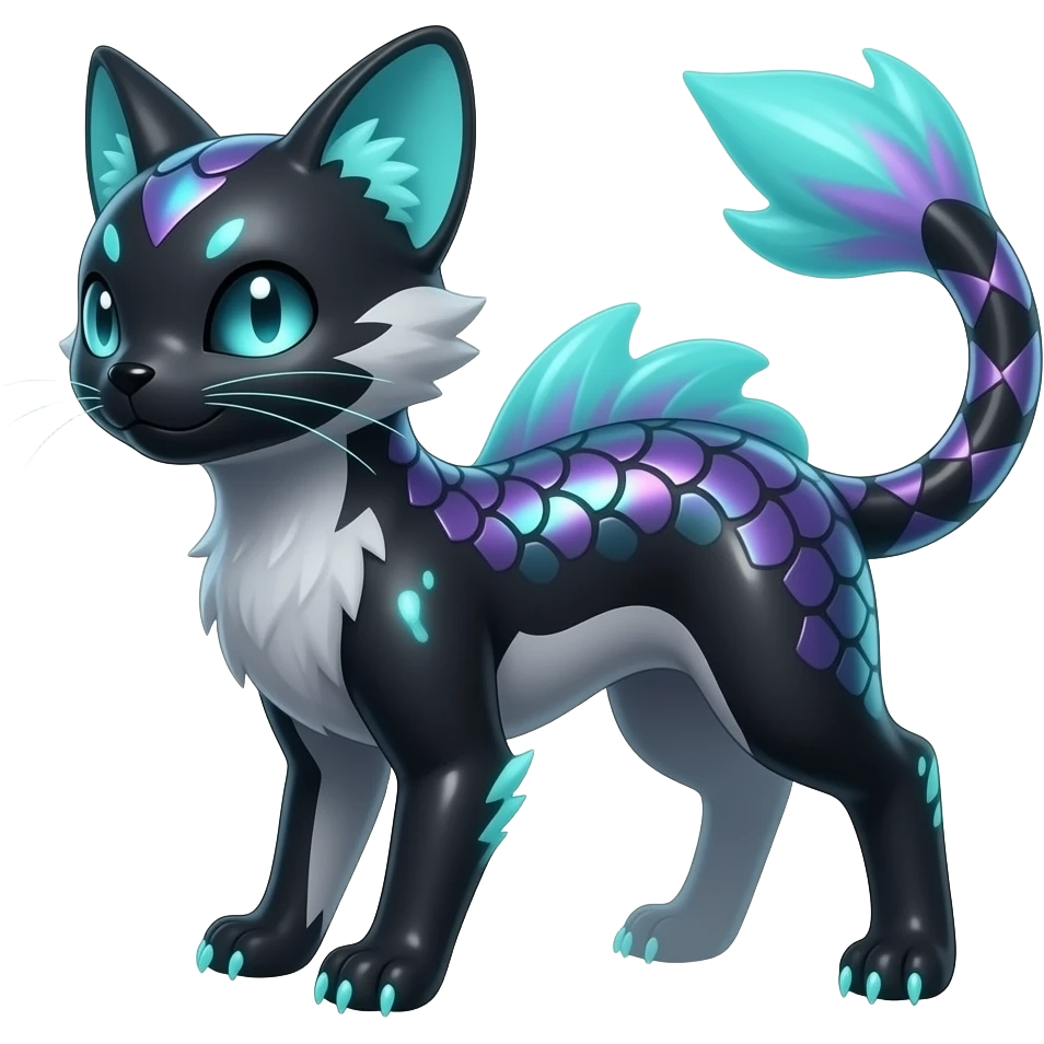 Realistic iridescent-scaled slim smooth oily shiny glossy elegant bioluminescent dull, furry oil-blackish oily greyish, purplish, neon-cyan, back-finned, abyss-fantasy-Zorua-Vaporeon-Sprigatito-Absol-Lykoi-Civet-Fakémon-fusion, with thin neon-glowing bulb-whiskers, koi-piebald-flecked full body emoji