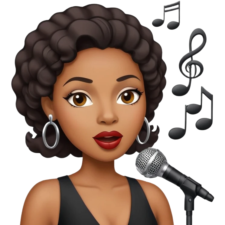 Black female jazz singer with a microphone, expressive face, musical notes emoji