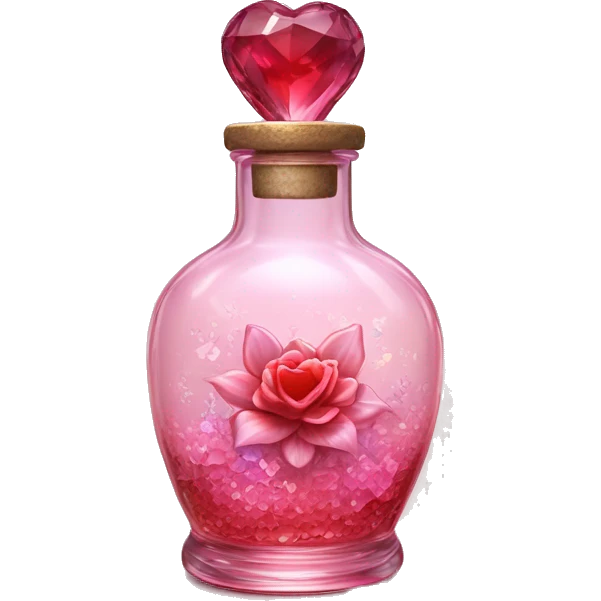 Antique oil heart bottle made of crystal glass of all gentle colors of the red and pink, a living flower fairy sits at the bottom of the bottle emoji