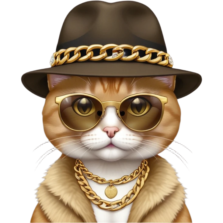 female cat head and shoulders wearing Run DMC hip-hop outfit, fedora, dark sunglasses, many gold chains, bling accessories emoji