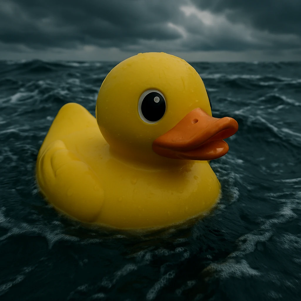 Extreme Closeup shot of Yellow duck toy on ocean during cloudy day, stormy sea, Camera from top, inspired by interstellar, shot by camera alexa 65, 35mm lens emoji