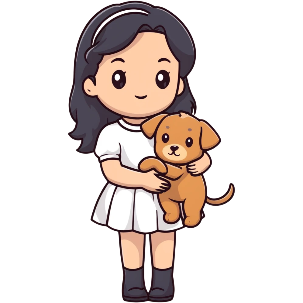 A beautiful girl with long straight black hair wearing a white skirt holding a small brown curly teddy dog emoji