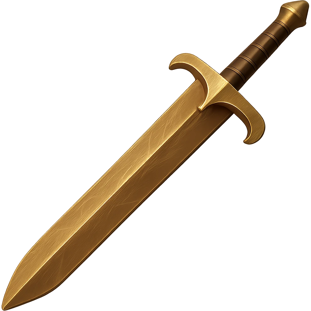 Make the greatsword look more metallic and bronze, with a shiny bronze finish and visible wear and scratches. Remove any gems. The style should resemble emoji style with a transparent background. emoji
