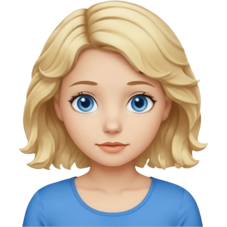Girl Blonde short wavy hair,  blue eyes, cute blue top,  emoji