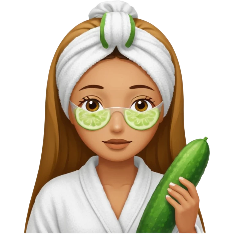woman at the spa with cucumbers slices covering her eyes and tan skin tone with towel completely covering hair and robe on emoji