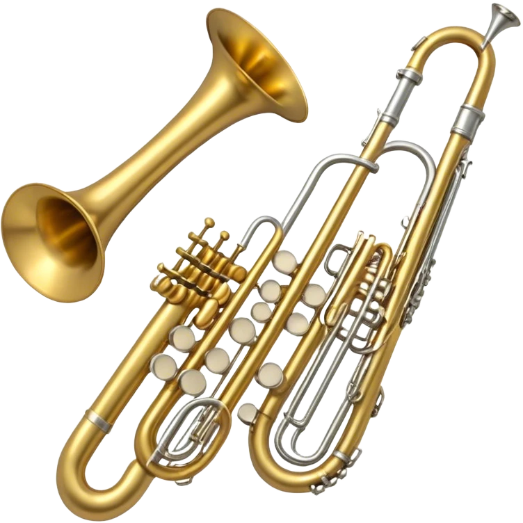Create a simple and symbolic emoji collage representing wind instruments. Include a variety of iconic elements like the bell of a trumpet, the mouthpiece of a saxophone, and a subtle outline of a trombone. Arrange the elements in a dynamic and balanced way. Use warm metallic tones like gold, brass, and silver for the instruments, with a clean and minimalist design. The background should be transparent, focusing on the shapes and silhouettes of the instruments to convey their essence without excessive detail. emoji