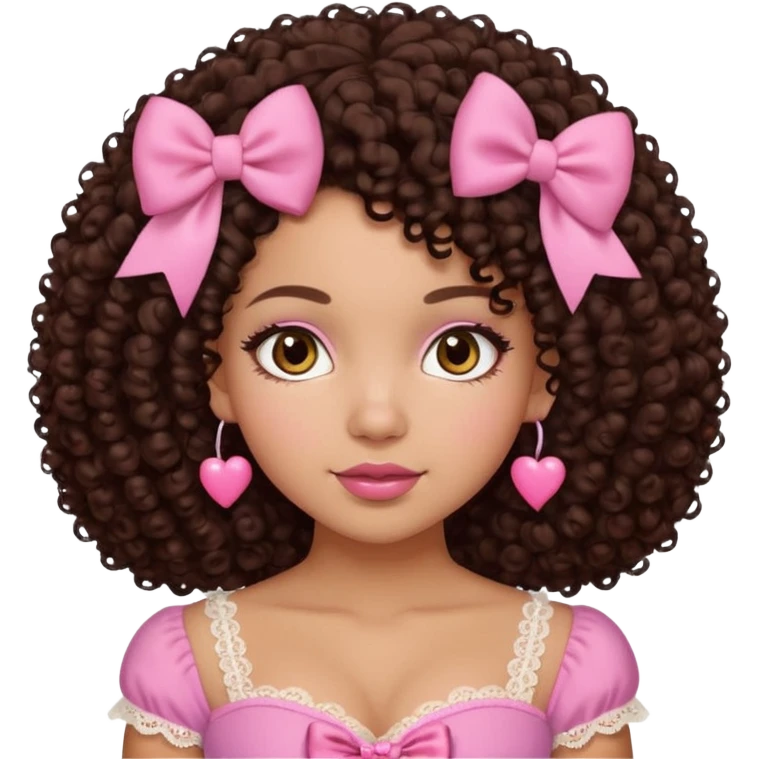 medium-light kinned afro-latina girl with medium length chocolate brown side part curly hair, brown eyes, pink sweetheart necklined top with lace, round wide-ish nose, chubby long shaped face, pink bow emoji