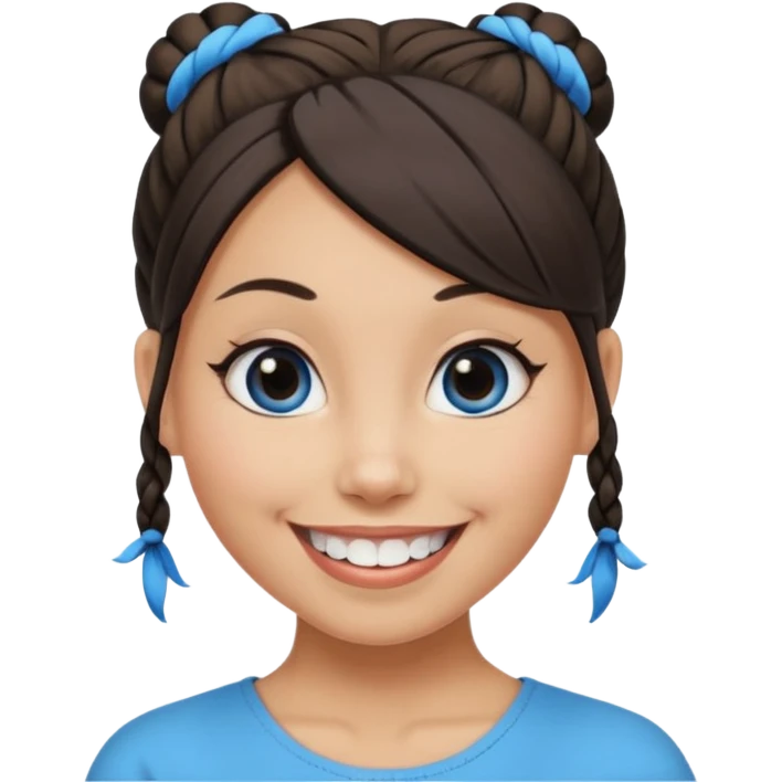 Now tied up her hair in a half-bun ,the on her head is black, while her bang is blue. Bigger eyes and brighter smile, show teeth while smiling emoji