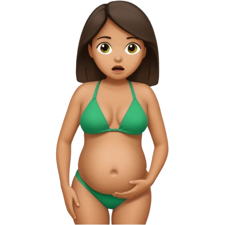 Latina girl, tan skin, pregnant, green bikini, shocked face. emoji