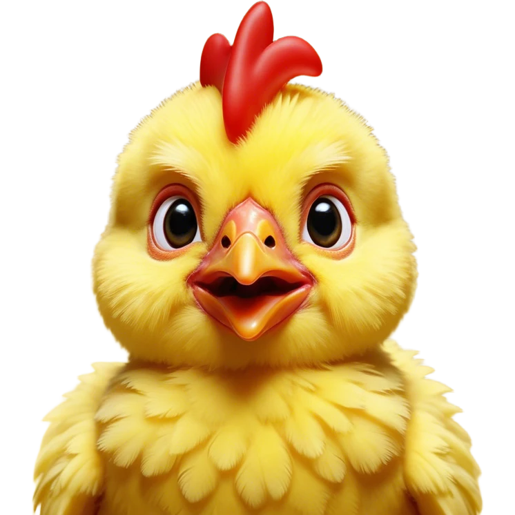 Cinematic Comical Yellow Baby Chicken Portrait Emoji, Head tilted dramatically with an exaggeratedly amused expression, featuring a striking, fluffy yellow downy coat with a tiny quirky red comb, wide, expressive beady eyes filled with playful disbelief, Simplified yet hilariously expressive features, highly detailed, glowing with a slightly sassy glow, high shine, dramatic yet playful, stylized with an air of cheeky mischief, bright and endearing, soft glowing outline, capturing the essence of a spirited and over-the-top chick, so meme-worthy it feels like it could peep its way into internet fame instantly! emoji