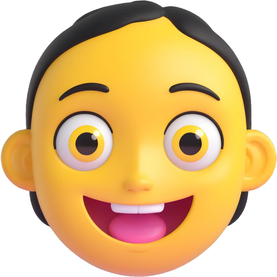 cute 3D cartoon emoji of a happy yellow face, big glossy eyes, open mouth smiling, shiny surface, isolated on transparent background emoji