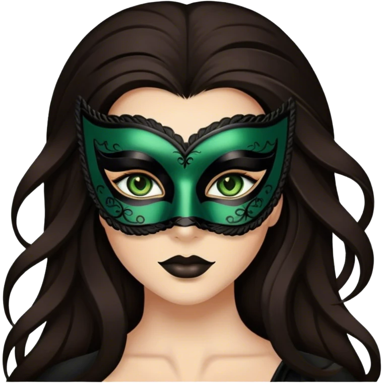 Greeneyed Woman hair with Long Dark brown hair wearing Black venetian mask emoji