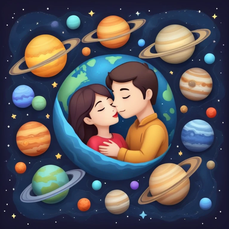 Solar system with heart-shaped planets and couples kissing, cute characters embracing on different planets, colorful cosmic scene emoji