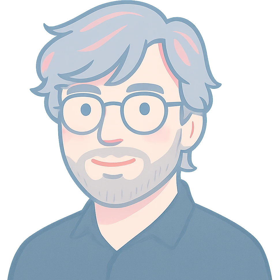 A man with round glasses, artfully messy longer hair with stylish sweeping bangs across the forehead, a round but defined face shape, and a broader nose. Use soft faded blue for outlines, subtle pink highlights on the hair and features, with gray for the short beard and shadow details. emoji
