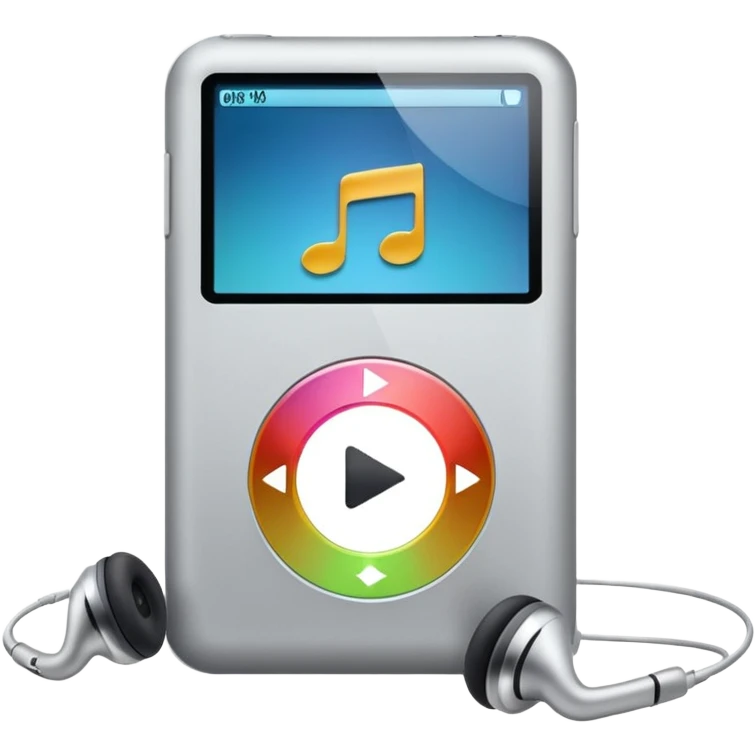 An iPod with headphones, showing a play button emoji