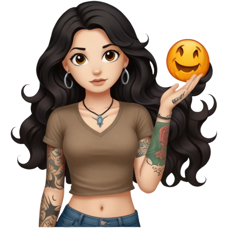 A girl with fair skin and a little fat - long black hair with big waves - tattoos on her arms - wearing a brown navel-revealing short-sleeved shirt emoji