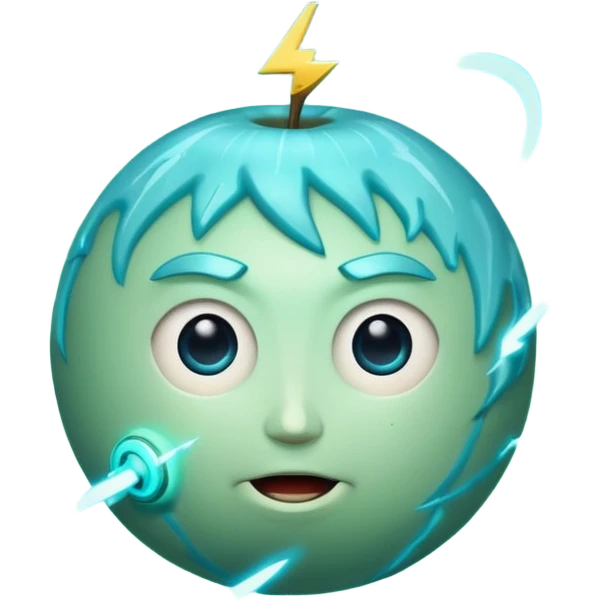 Uranus planet emoji in Apple style with a face, bursting with electric, chaotic, and unexpected energy, lightning effects, expressive and playful features, blue-green color, visible rings emoji