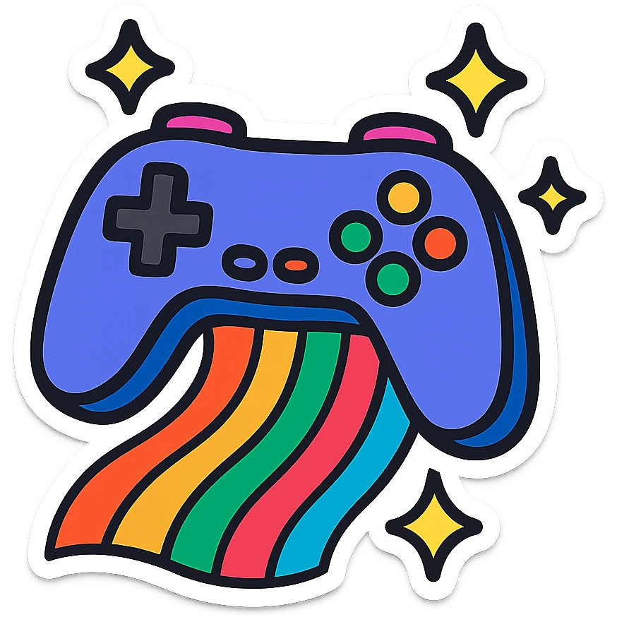 a sticker-style game controller with a rainbow trail and sparkles, for an inclusive sassy gaming group emoji