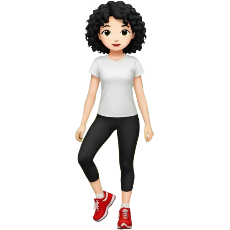 generate a pretty bratz fair skinned girl with curly black hair wearing a white tshirt trekking on a hill with red sneakers on and black leggings emoji