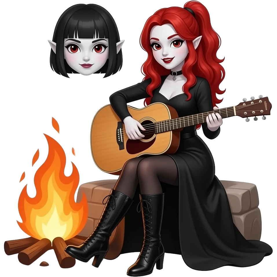 Vampiro femmina ADOLESCENTE con pelle bianca e capelli rosso ondulati lunghi raccolti in una mezza coda che indossa un vestito  lungo fino ai piedi nero e stivali lunghi con tacco neri che sta suonando una chitarra di legno seduta davanti a una falò con la sua amica FEMMINA VAMPIRO che ha la frangia emoji
